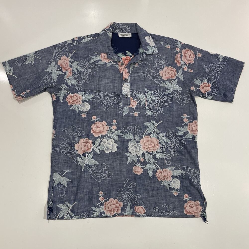 VTG Mark Raysten Malihini Large USA Made Half Button Up Shirt Floral Blue Pink